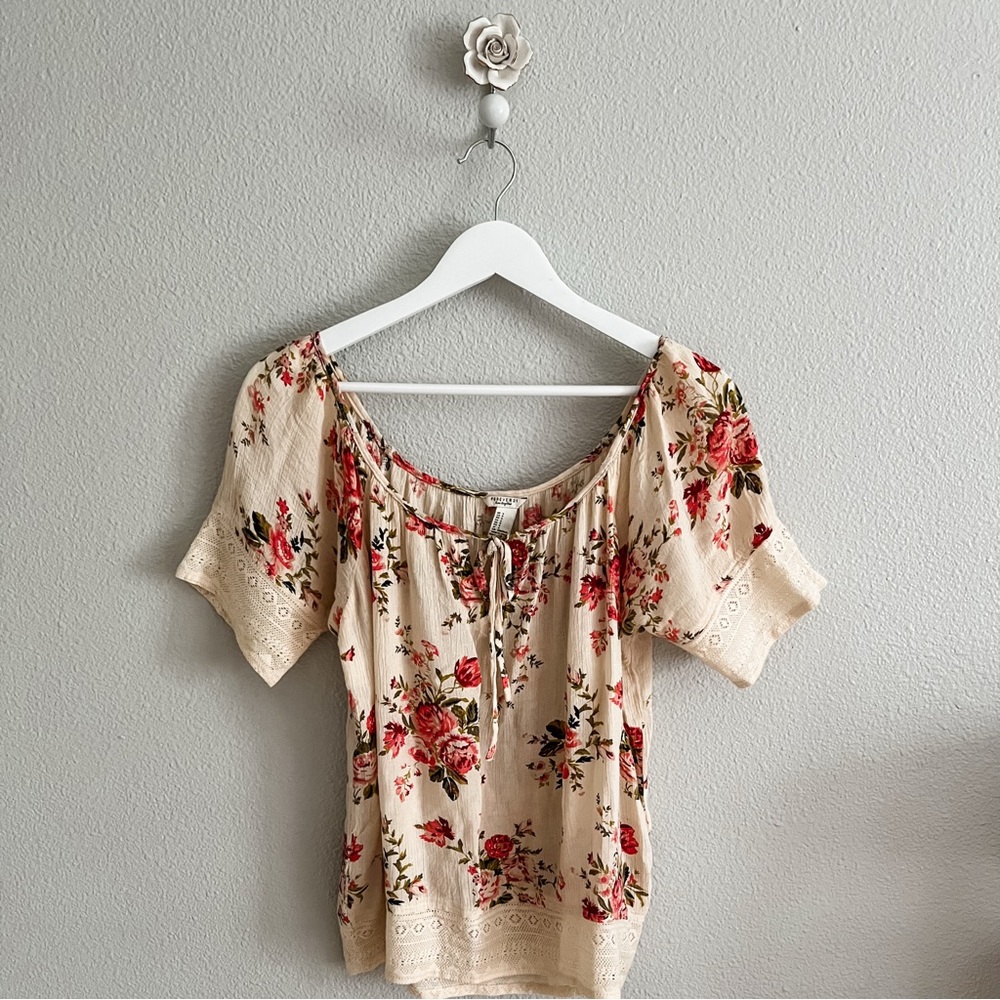Floral Cream Blouse with Lace Bottom